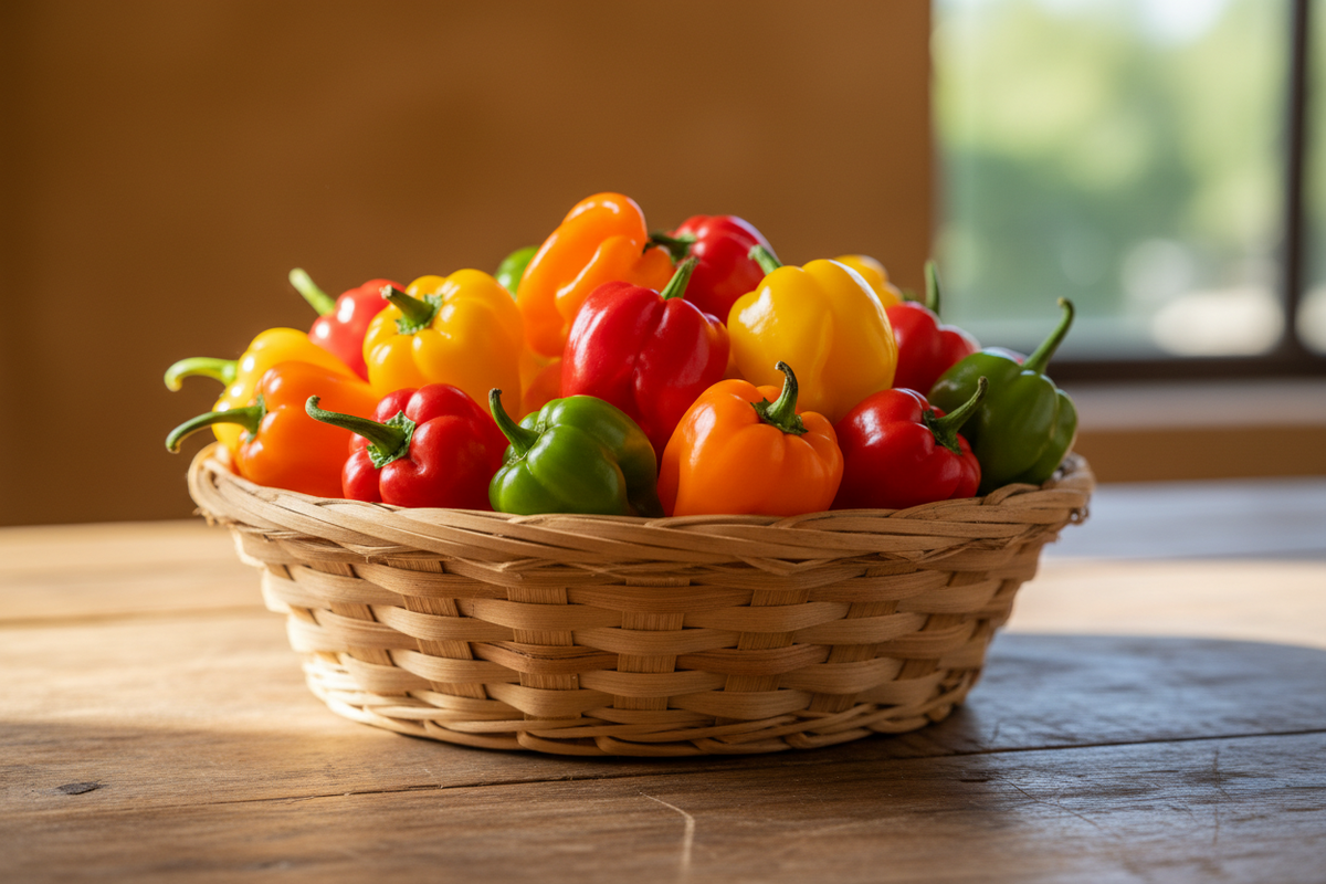 chiles habaneros de varios colores en una canasta tejida de fibras naturales sobre una mesa de madera