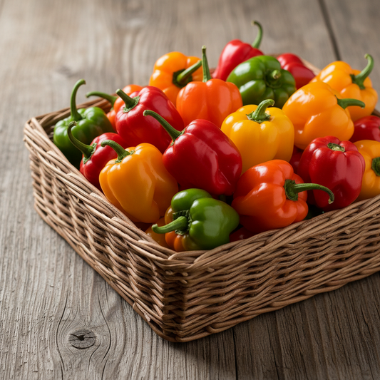 chiles habaneros de varios colores en una canasta tejida de fibras naturales sobre una mesa de madera; tamaño 2000x2000 pixels