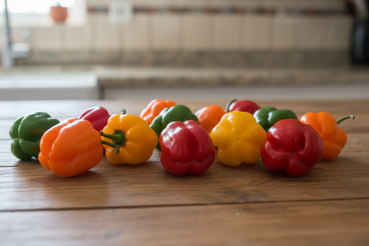 chiles habaneros de varios colores sobre una mesa de madera en la cocina